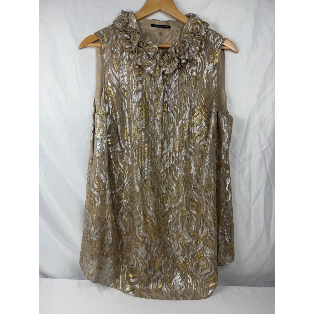 Elie Tahari 0X Silk Blend Metallic Gold Silver‎ Ruffle Pleated Blouse Top